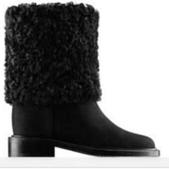 CHANEL 14B Black Nubuck Suede Shearling Fur Lined CC Logo Midcalf Boots